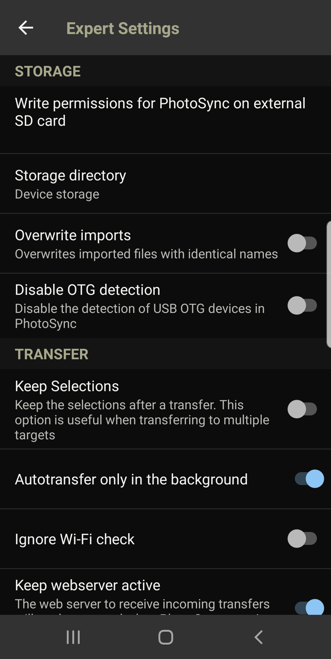 PhotoSync Expert settings