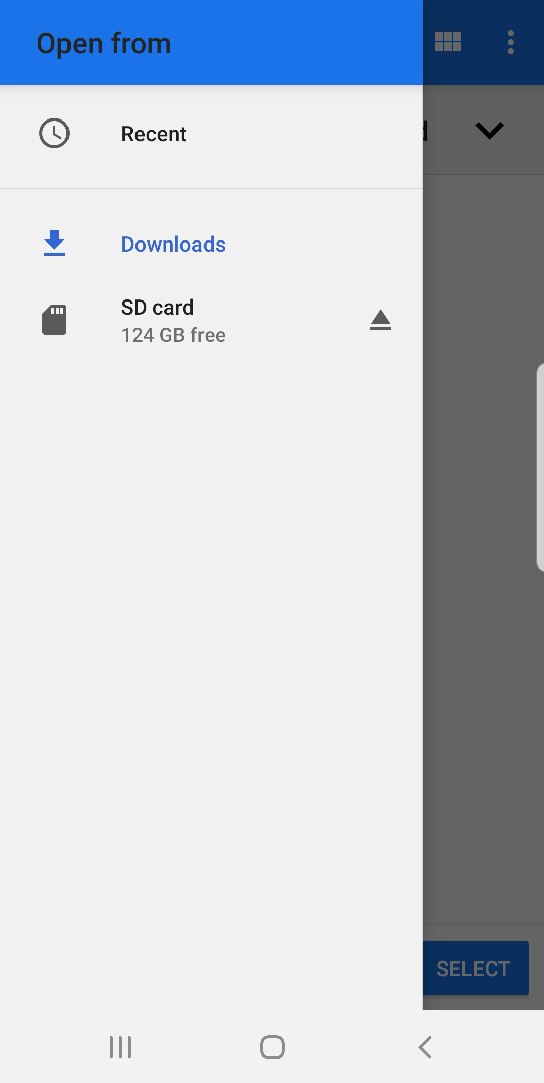 Opened sidebar of the Android file selection