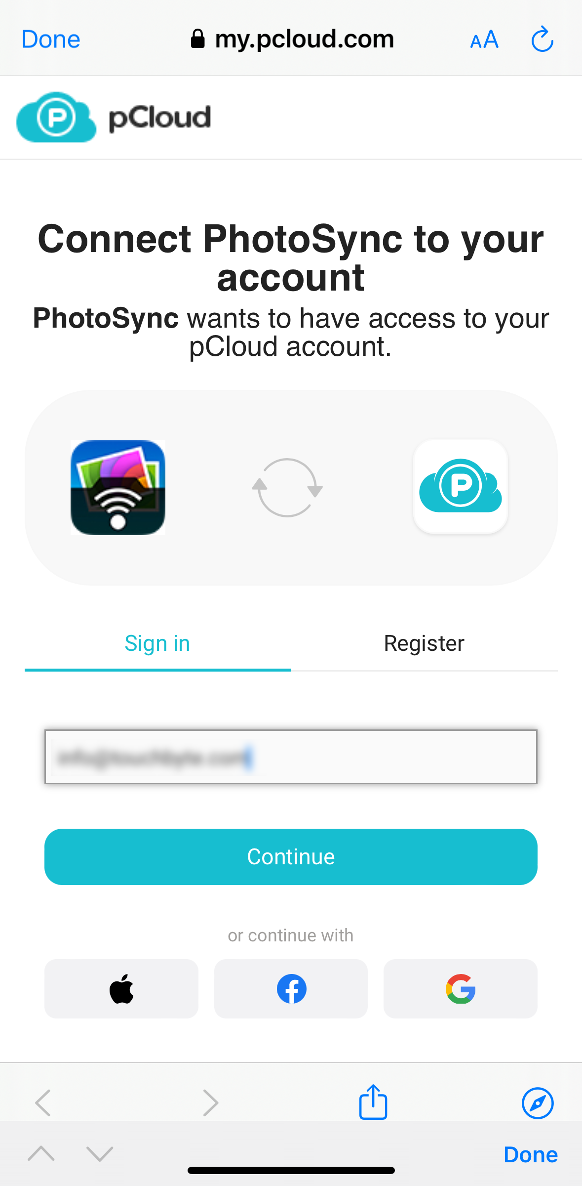 Enter user account during pCloud login