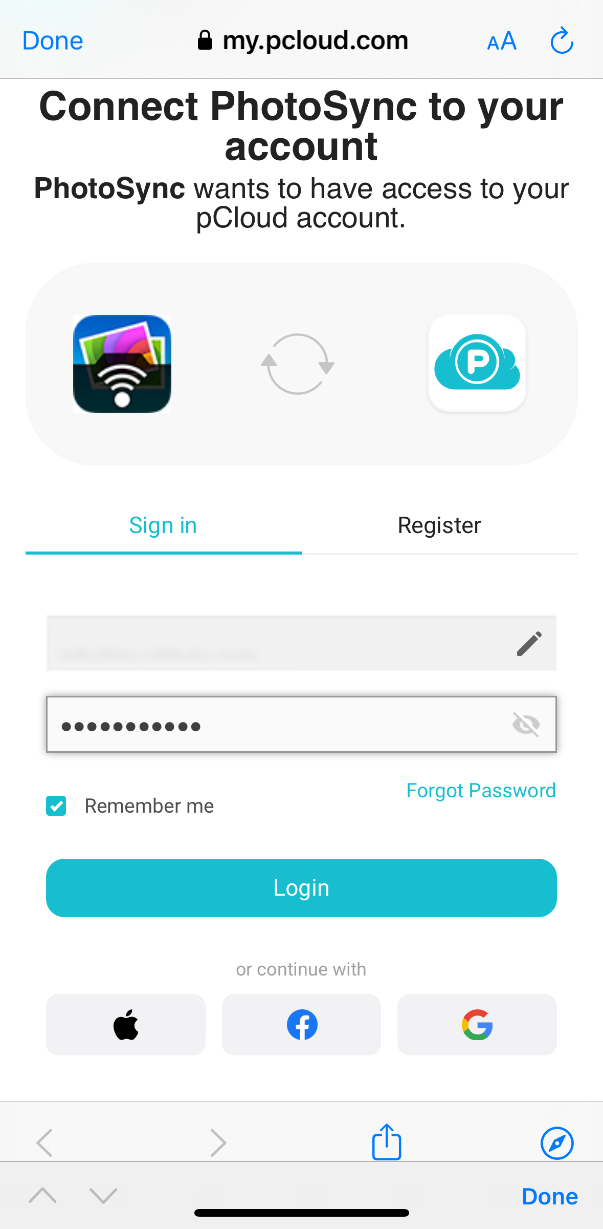 Enter password during pCloud login