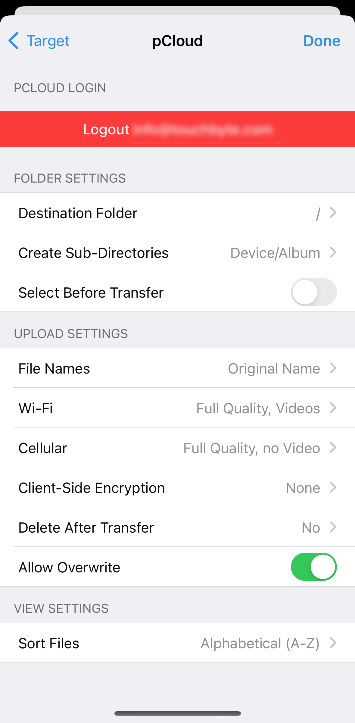 pCloud settings with destination folder
