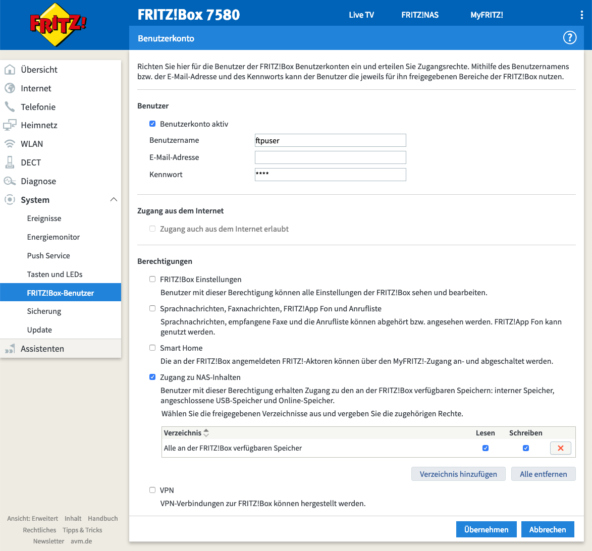 Fritz!Box user configuration