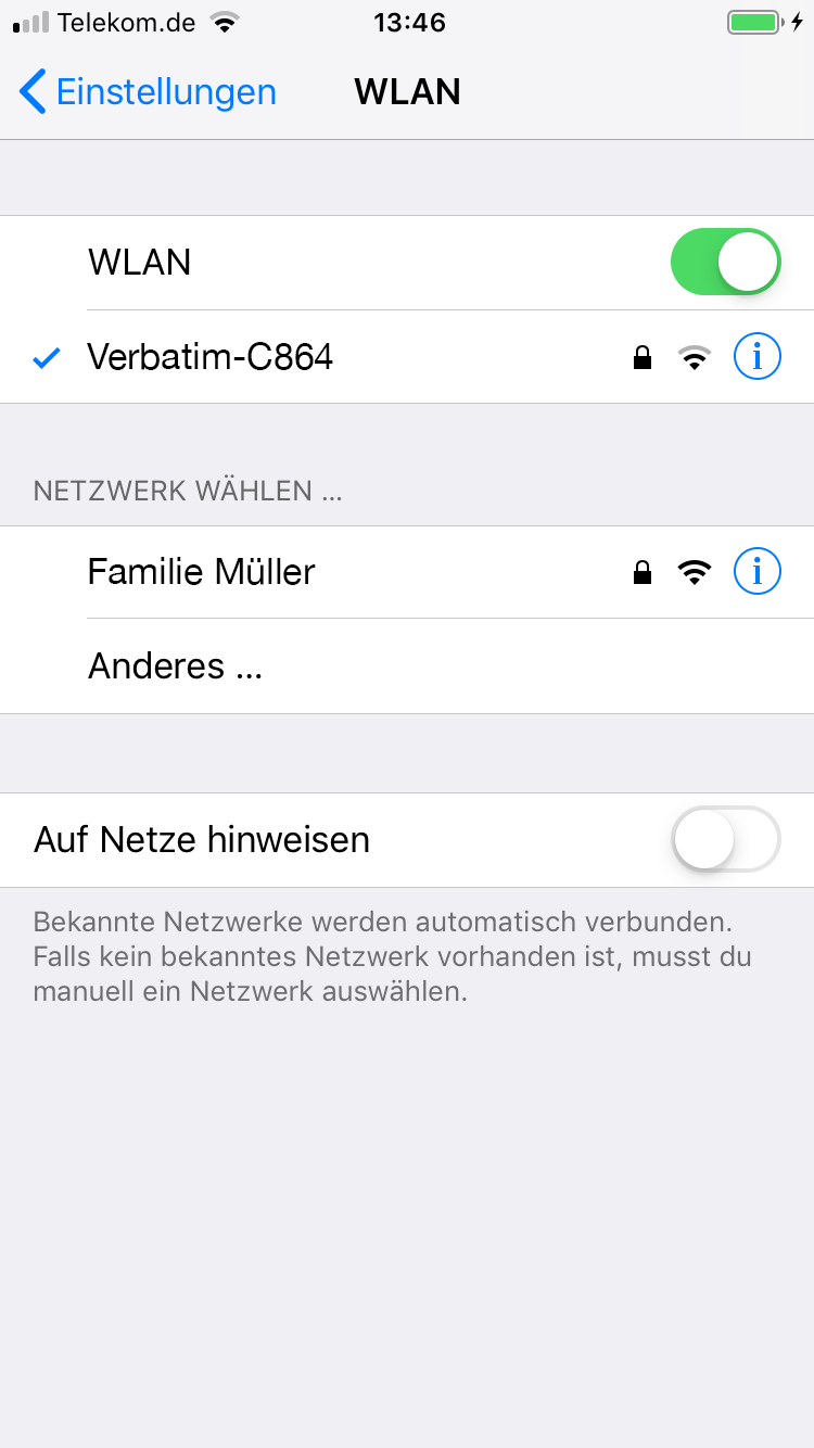 Verbindung mit dem Verbatim Mediashare Wireless Wi-Fi-Netzwerk