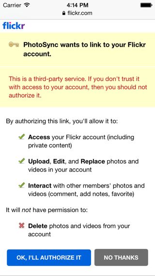 Flickr web site authentication permission settings