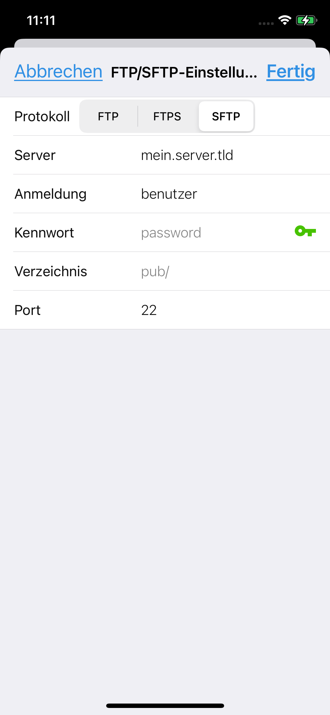 SFTP-Konfiguration mit ausgewähltem SSH-Schlüssel