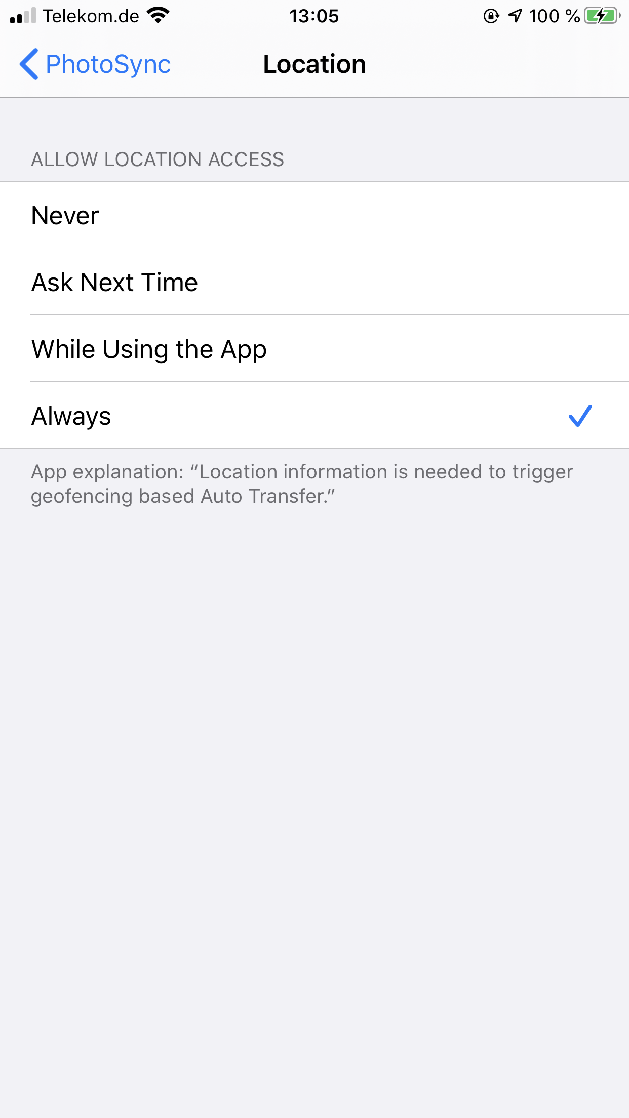 iOS location settings for PhotoSync