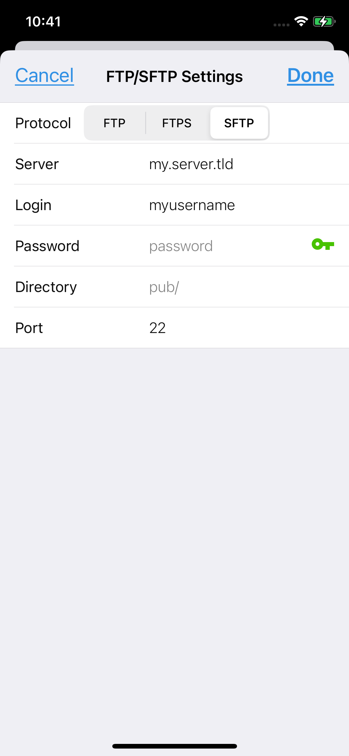SFTP configuration with selected SSH key
