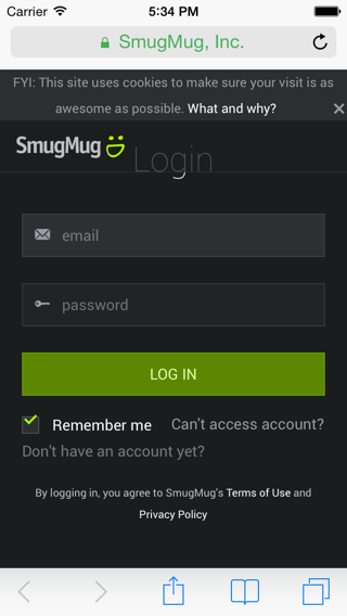 SmugMug authentication website - Login