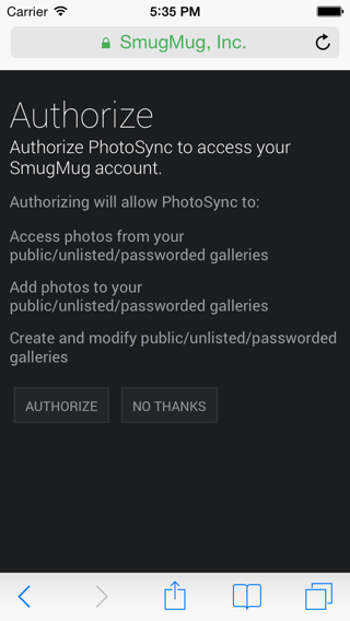 SmugMug authentication website - Permission settings